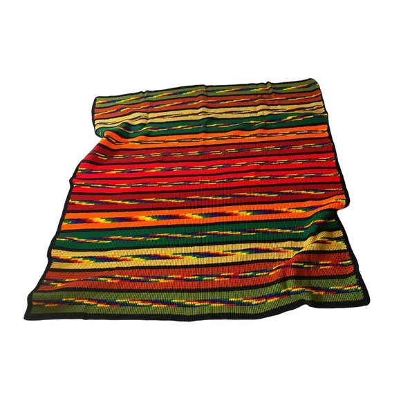 Handmade Multicolored Striped Crochet Blanket Southwest 57"x 57" - Picture 2 of 4